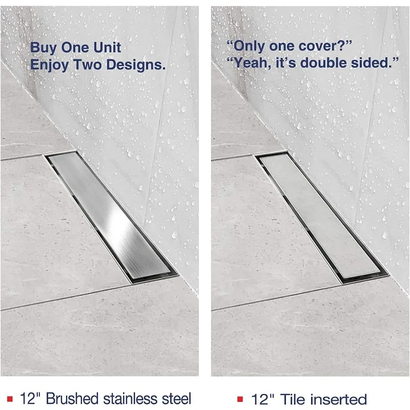 12 Inch Linear Shower Drain with 2-in-1 Flat and Tile Insert Cover, Brushed 304 Stainless Steel Rectangular Shower Floor Drain