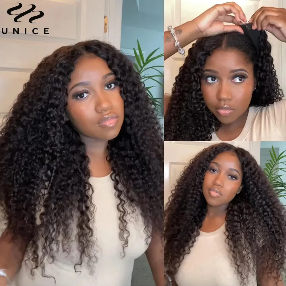 

UNice Hair Curly V Part Wig Human Hair Upgrade U Part Wig Easy Blend No Glue No Leave-out Super Natural Thin Part Human Hair Wig