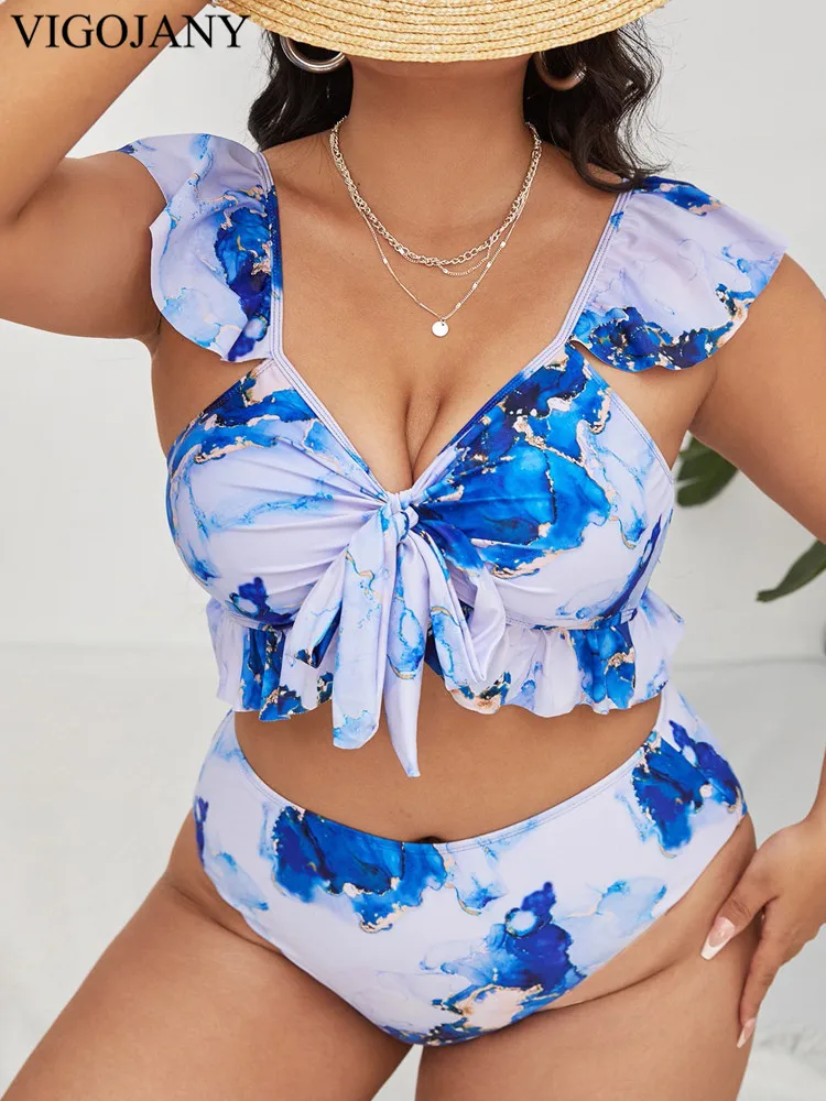 VigoJany 2024 Print Verge Strapped 2 Piece Plus Size Bikini Set Women Push Up Large Big Swimsuit Backless Chubby Bathing Suit