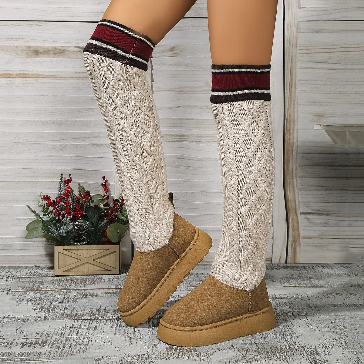 2024 New Thick Sole Knitted Long Boots for Women Fashion Elastic Over Knee Socks Boots Round Toe Plus Size 44 Botas De Mujer