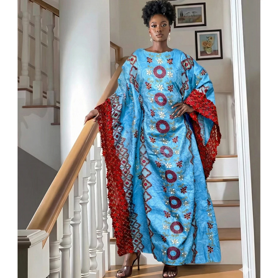 

Sky Blue African Women Bazin Riche Boubou Dress Original Nigerian Basin Rich Brocade Wedding Party Dashiki With Stones Robe