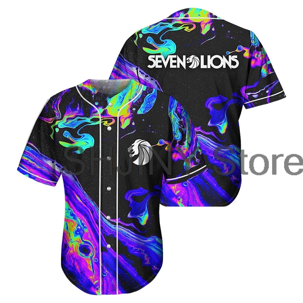 

Seven Lions Oil Slick Jersey EDM Festivals 2024 Merch Baseball Jacket Short Sleeve Shirts Women Men Streetwear