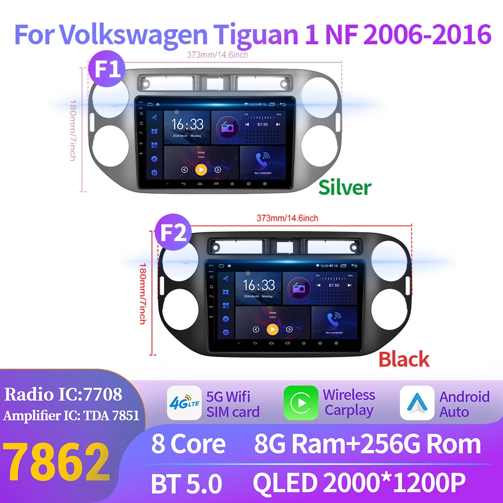 For Volkswagen Tiguan 1 NF 2006-2016 Car Radio Video Android 14 WIFI Navigation GPS BT Carplay Multimedia Touch 2K QLED Screen