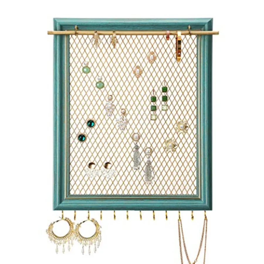 

Hanging Earring Organizer Frame Wall Mounted Jewelry Holder Vintage Rustic Stud Earring Display with Removable Rod and 12 Hooks