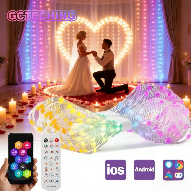 Smart Curtain Lights Bluetooth App Control RGB LED String Waterproof Fairy Light USB DIY Text Pattern Display Party Room Decor