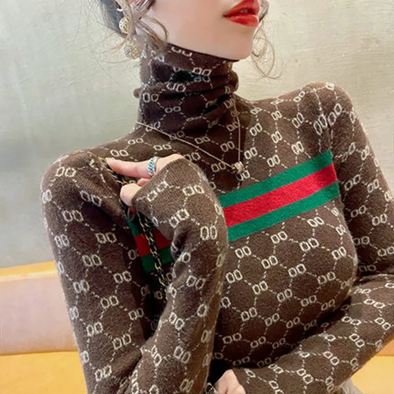 Women Clothing Fashion Striped Turtleneck Sweaters Autumn Winter Letter Jacquard Knit Pullovers Elastic Slim Soft Wool Tops