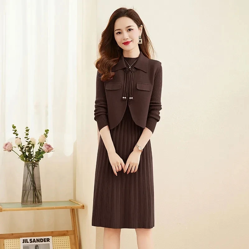 2 Piece Set Thicken Knitted Sweater Dress Suits Sleeveless Jacket + Knitwear Midi Vestidos Conjuntos Fall Winter Dresses Outfits