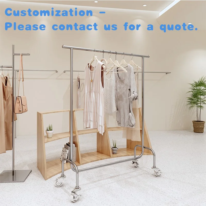 

custom.Kainice Shop Fittings Stainless Steel Shelves Garment Hanger Rack Commercial Clothes Shop Display Stand wit