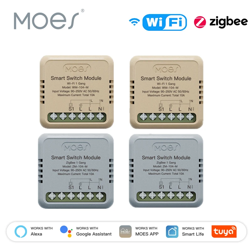 

MOES Mini Tuya WiFi/Zigbee Smart Switch/Dimmer Module DIY Module Light Switch 1/2 Gang Remote Control Work Alexa Google Home