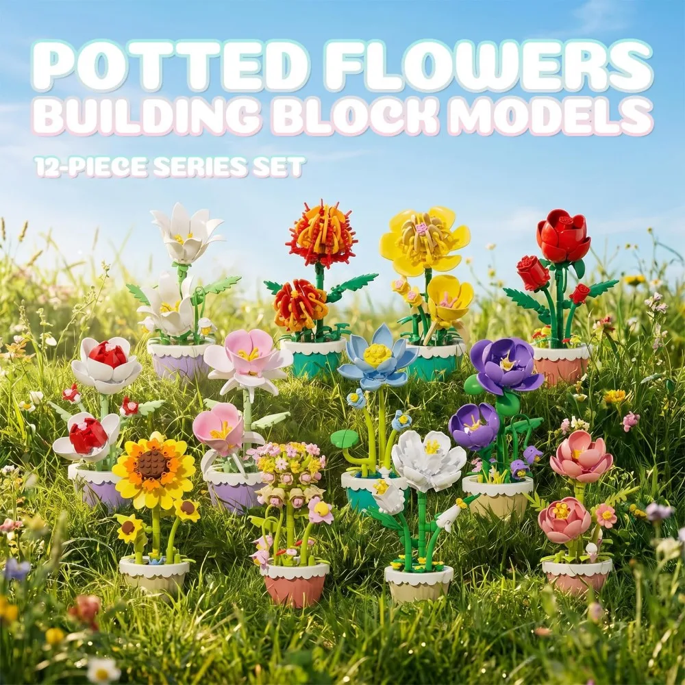 12-teiliges Baustein-Set Mini-Blumen-Spielzeug DIY Botanik-Kollektion Künstliche Blumen mit Töpfen Bastelset für Heim- und Bürodekoration – Detail 1