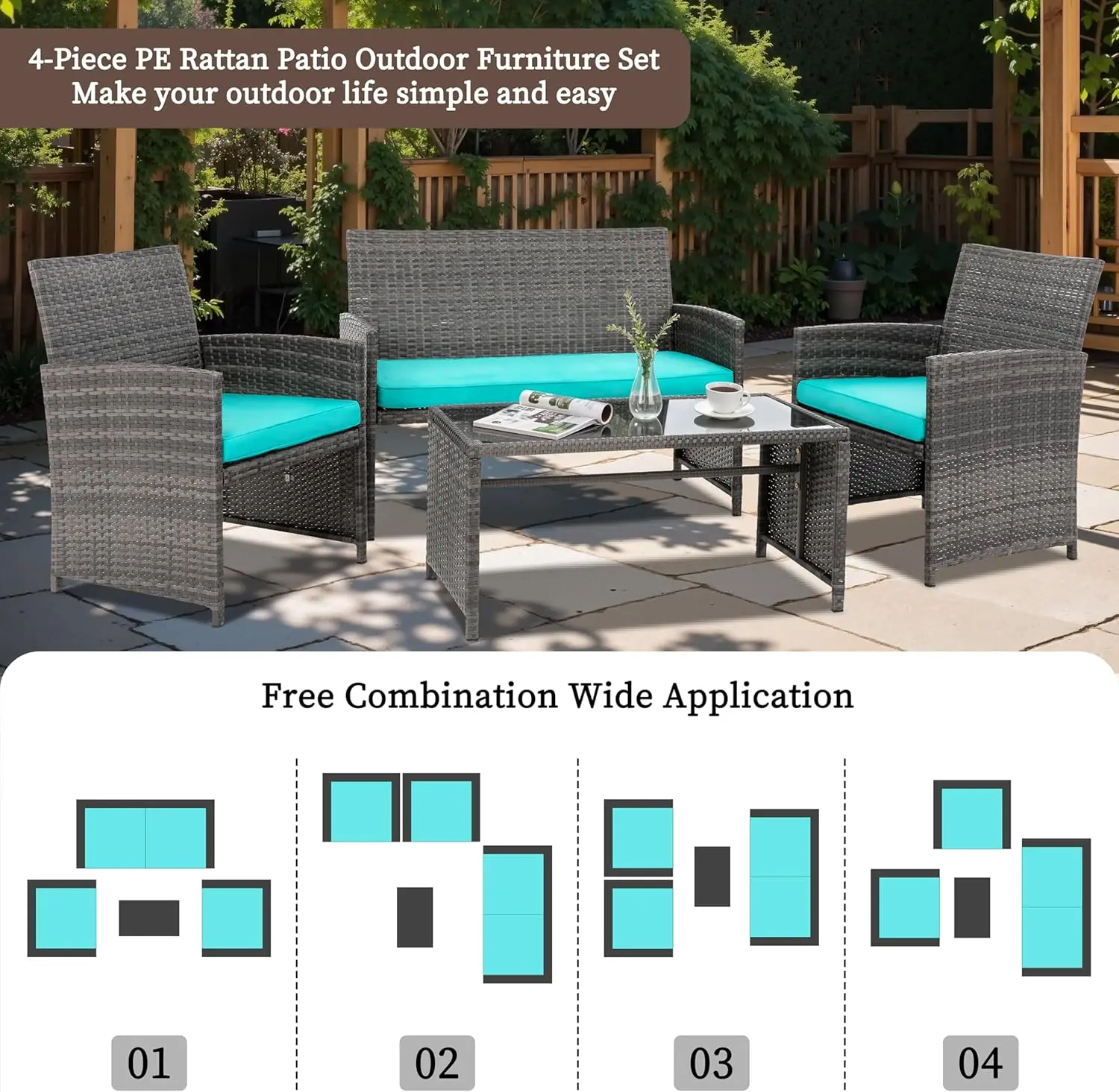 Blue 4-piece rattan wicker outdoor conversation set with soft padded cushions and tempered glass tabletop, multi-person weatherproof leisure furniture for garden and backyard