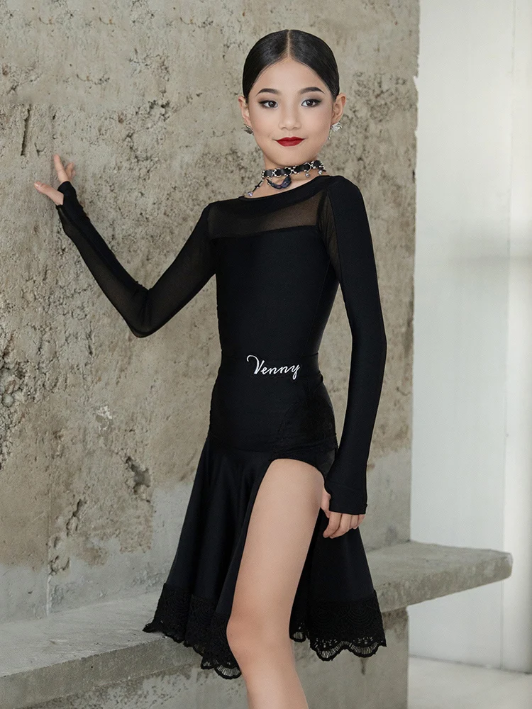 Black Latin Dance Competition Dress Girls Long SLeeve Bodysuit Split Skirt ChaCha Tango Samba Dancing Performance Outfit VDB8036