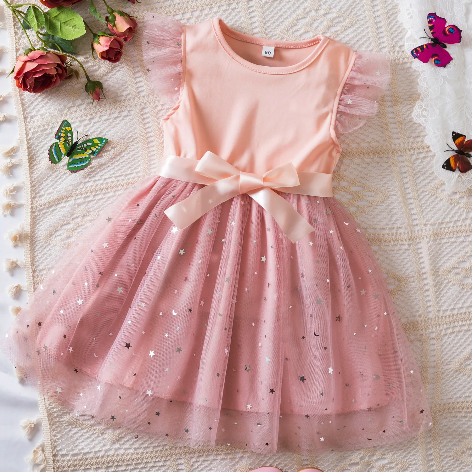 

HXCMall Toddler 1-6 Years Toddler Little Girls Flutter Sleeves Star Girls Summer Dress