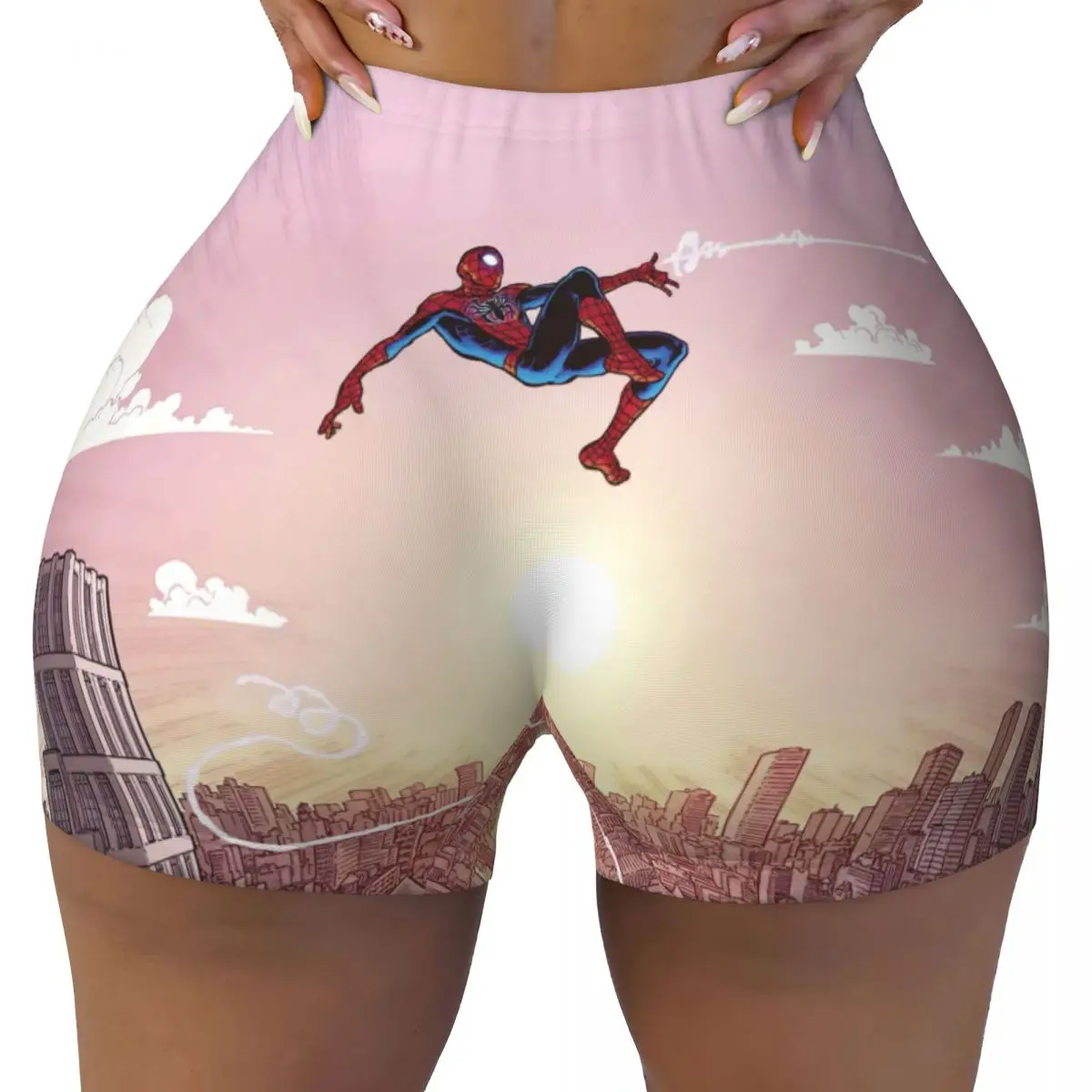 

Custom Spider Man Swinging Through The Air Running Volleyball Workout Shorts for Women Athletic Gym Yoga Shorts