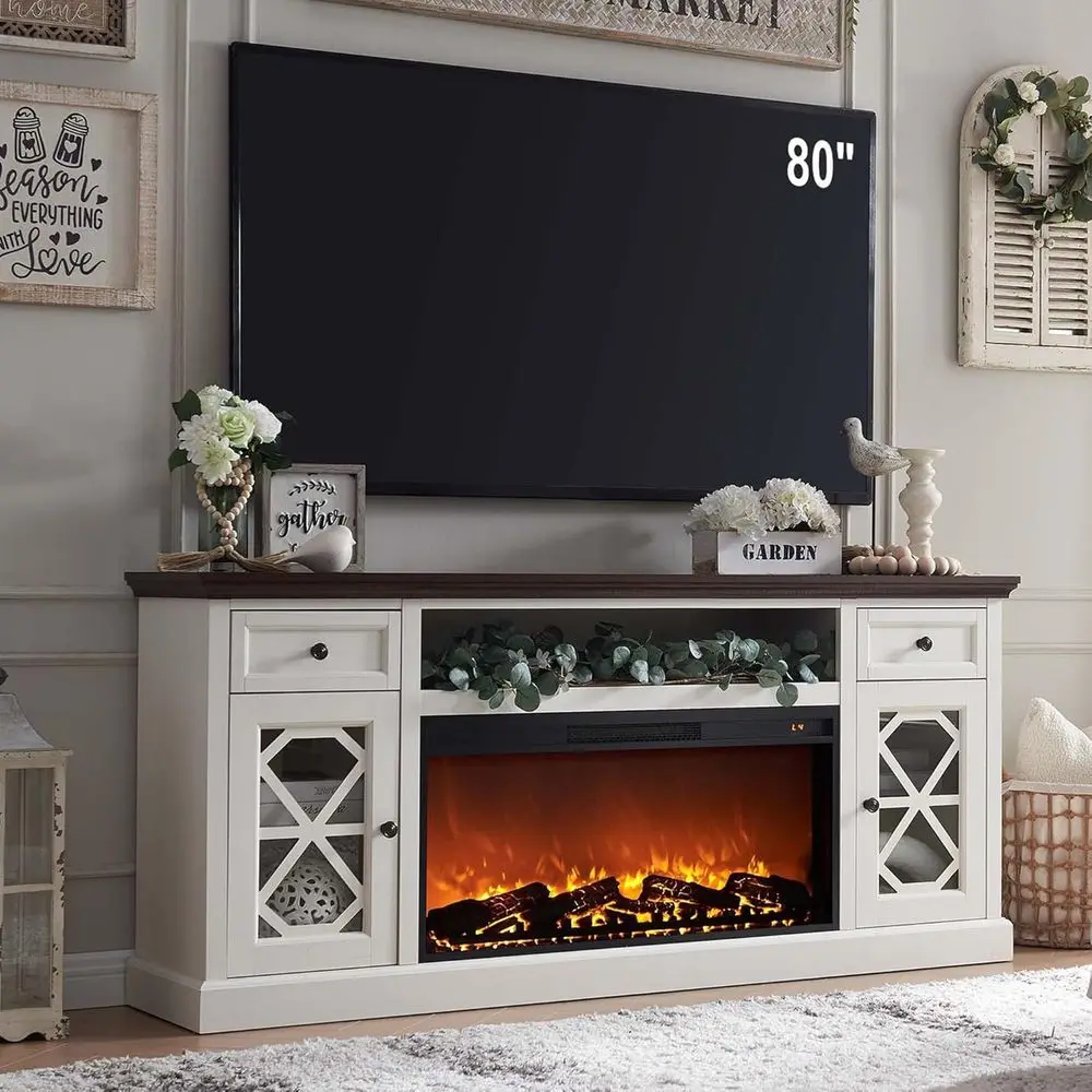 

White 70 Farmhouse Style TV Stand with 36 Electric Fireplace and Storage for Living Room Entertainment