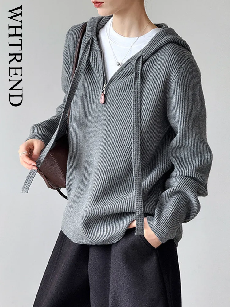 

WHTREND осень-зима новый вязаный свитер с капюшоном с длинным рукавом женский сплошной цвет на молнии повседневный топ WH1854