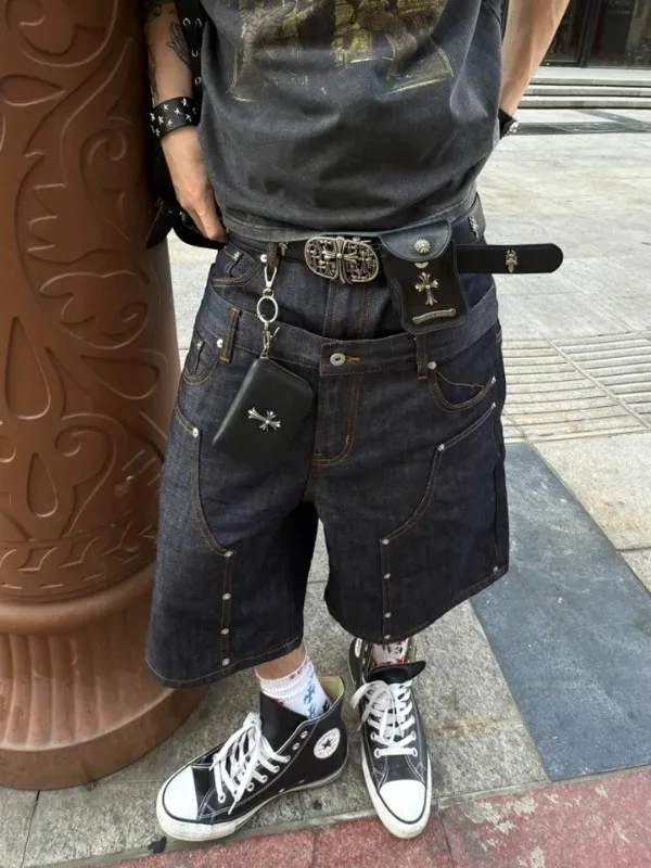 Retro American Street Knee-high Denim Shorts Unisex Rivet Middle Waist Faded Seven-eighths Length Loose Fit Summer Shorts