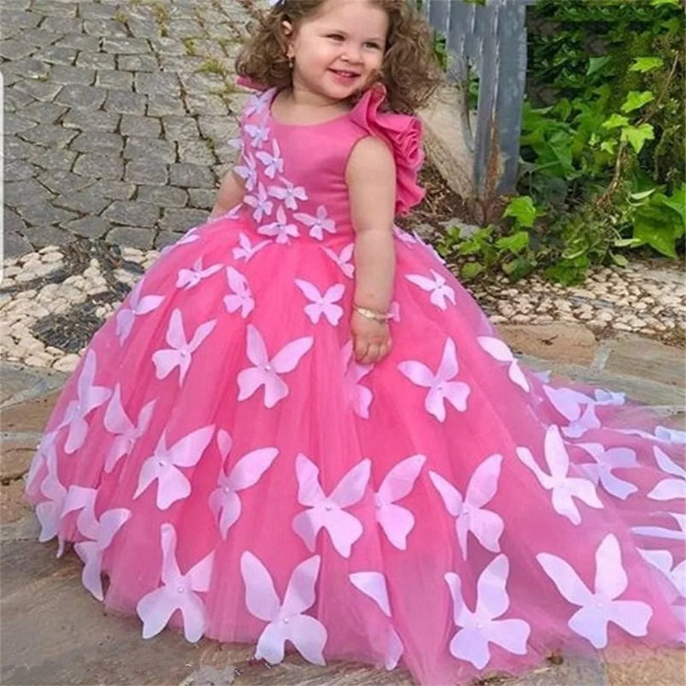 Butterfly Lace Appliqued Flower Girl Dresses For Wedding Princess Child First Communion Birthday Bespoke Occasion Dresses