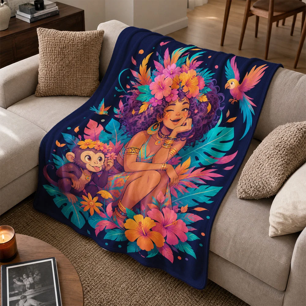 Bohemian Tropical Floral Print Throw Blanket Jungle Scene Monkey Goddess Art Sofa Cover Cozy Home Decor Gift