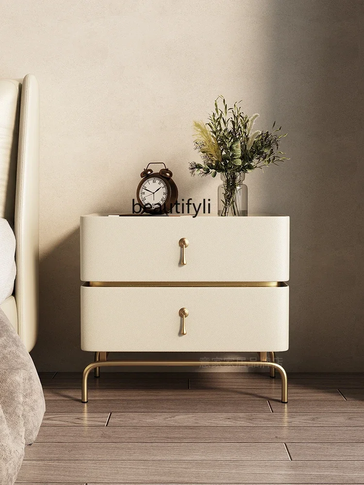 

Bedside Table High-Grade Light Luxury Bedroom Modern Minimalist Solid Wood Leather Storage Small Bedside Storage Cabinet