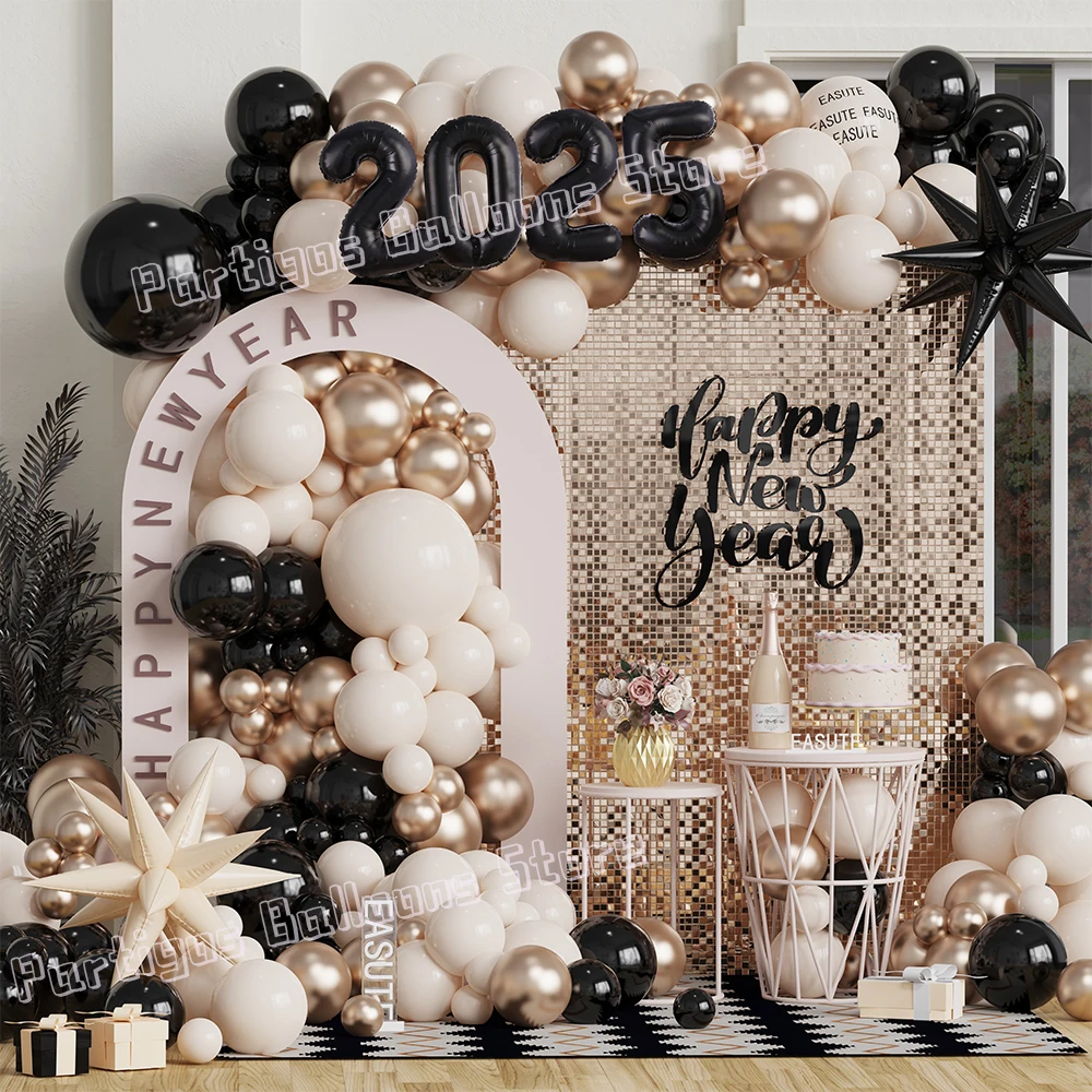 

117Pcs Black Milk White Champagne Gold Metal Balloons Garland Kit 2025 Explosion Star Foil Balloon Birthday Happy New Year Decor