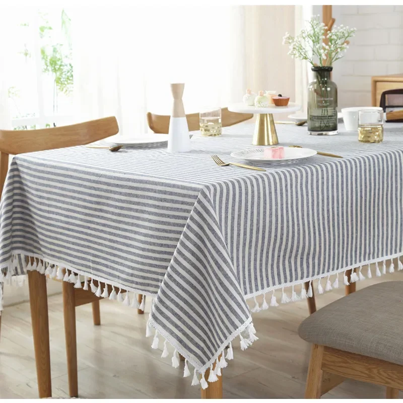 Quality Dining Tablecloth Rectangle Cotton Linen Stripe Print Table Cloth Tassels Home Kitchen Banquet Cover 1pc