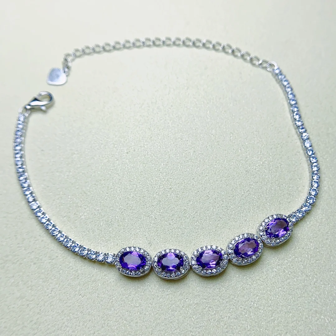 FS Fashion S925 Sterling Silver Inlay 4*6Natural Amethyst Bracelet With Certificate Fine Charm Wedding Jewelry for Women MeiBaPJ