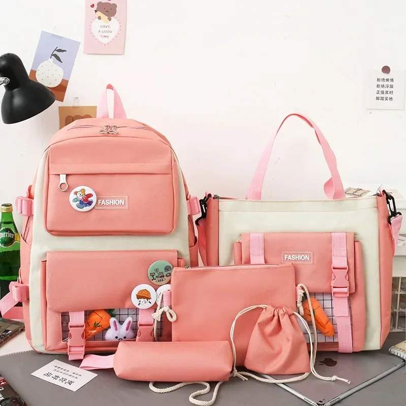 Girls Korean Version Children Set Student Canvas School Bag Children Backpack Kids Capacity Multi Layer Backpack Color Blocking