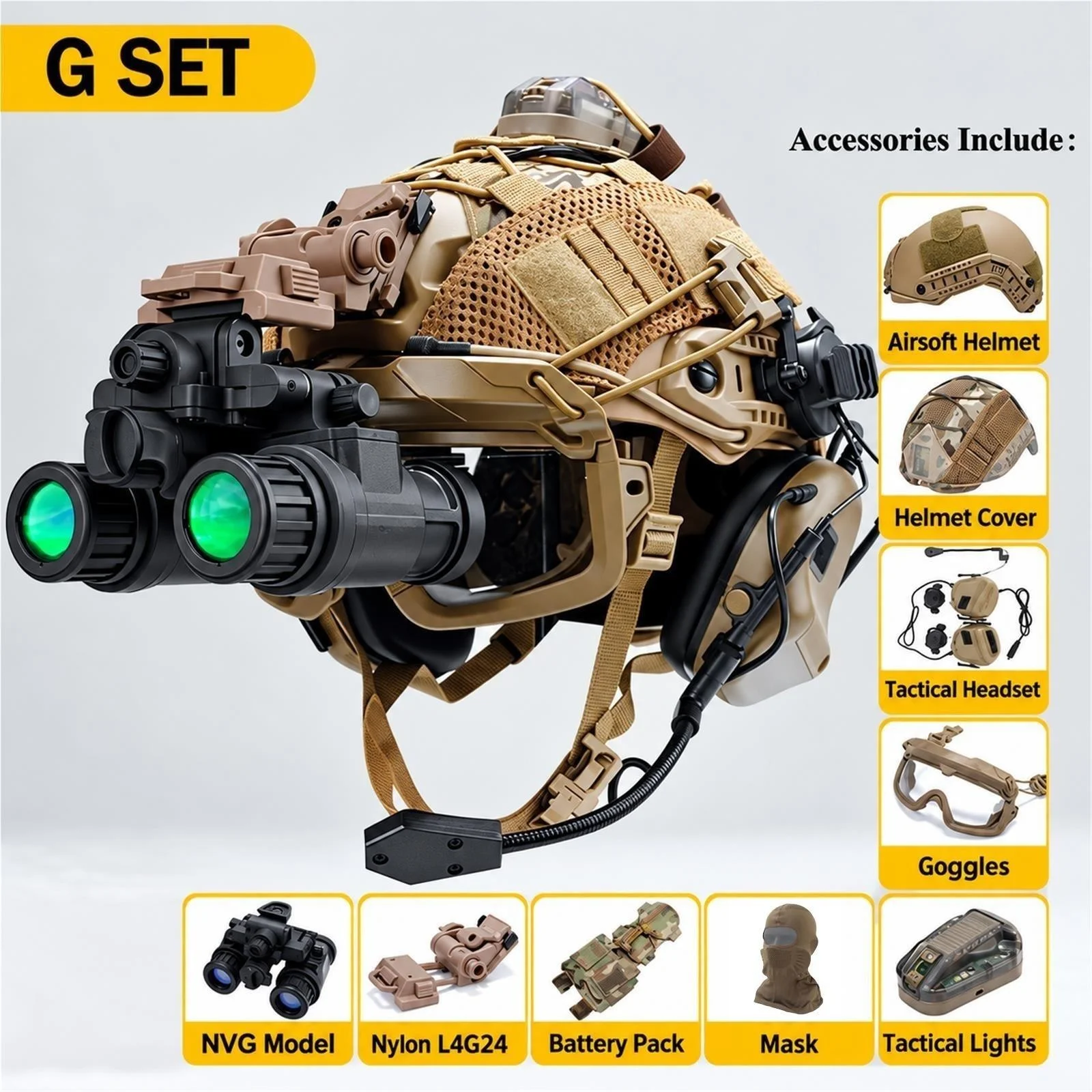 FAST Airsoft Helmet Set with Headset, Goggles, Mask, NVG Model, Signal Light, Helmet Cover and Nylon L4G24 Mount