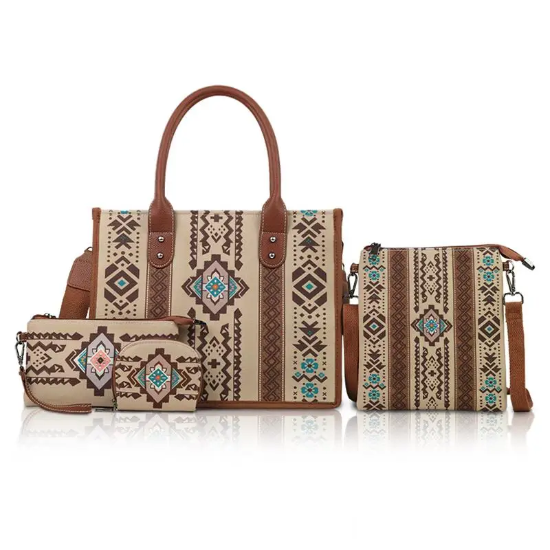 

Ethnic Canvas Bag 4pcs Fashion Mother-daughter Tote Bag Large Capacity Bohemian Style Handbag Wallet Commuter Crossbody Bag