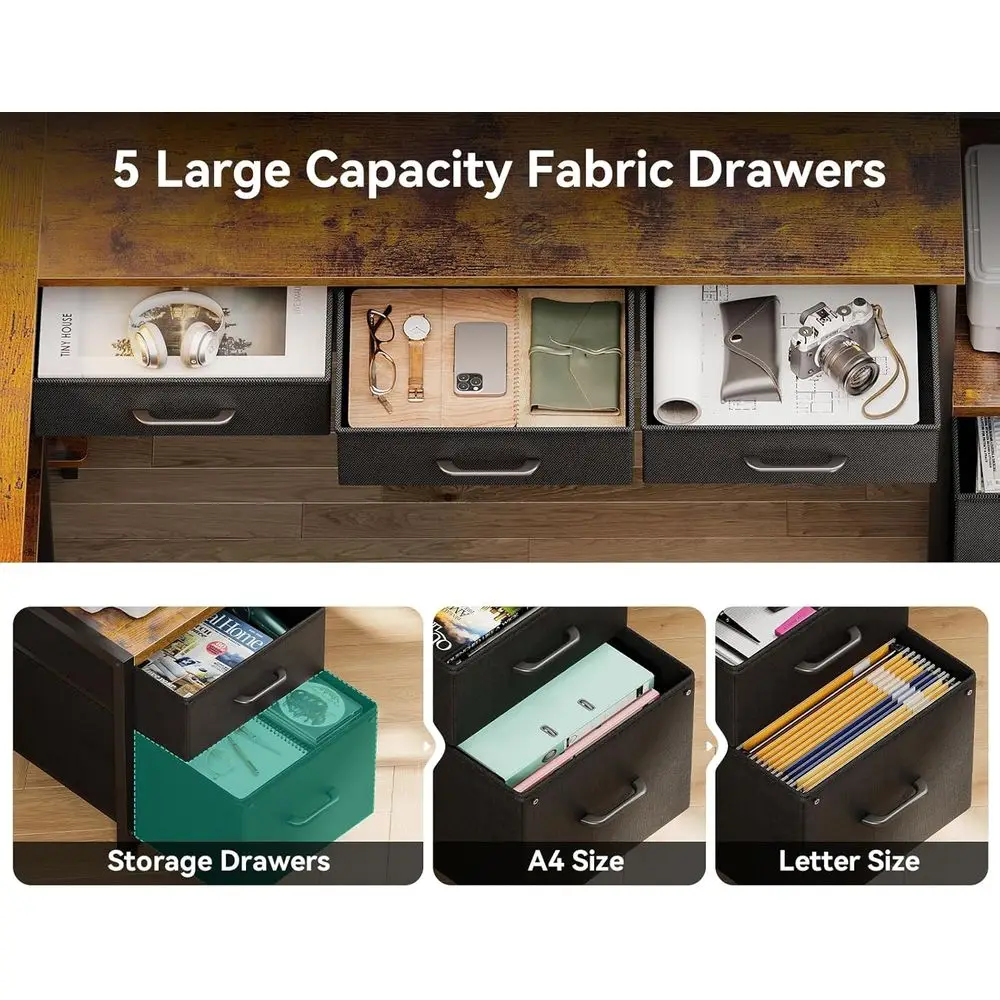 Large 79 Inch L-Shaped Desk with 5 Drawers, LED-Illuminated Reversible Gaming Desk, Power Outlets Included, Vintage Style Home O