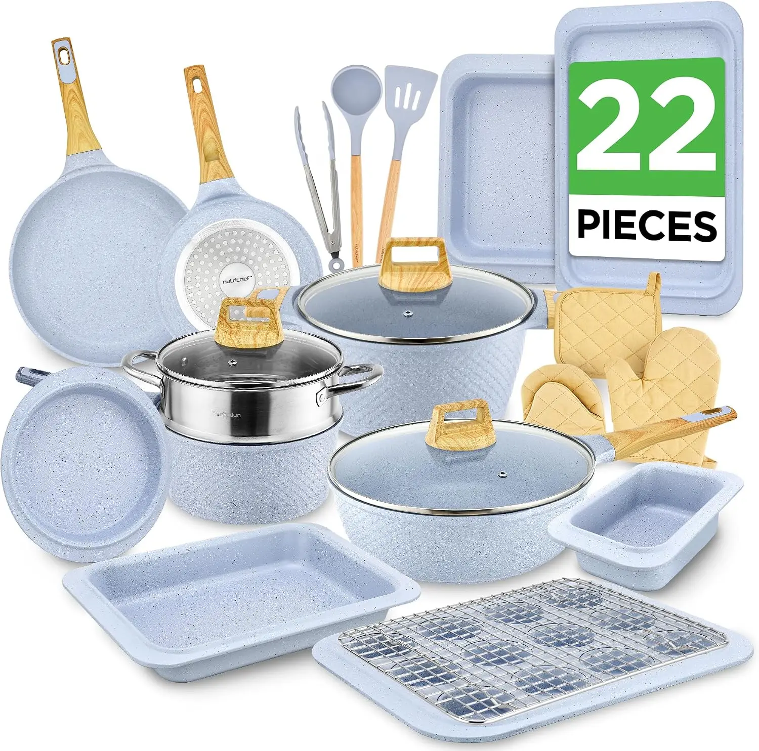 22-Piece Nonstick Cookware Set – Pots and Pans Set with Bakeware & Cooking Utensils, Induction Compatible, PFOA & PFOS Free, Mar