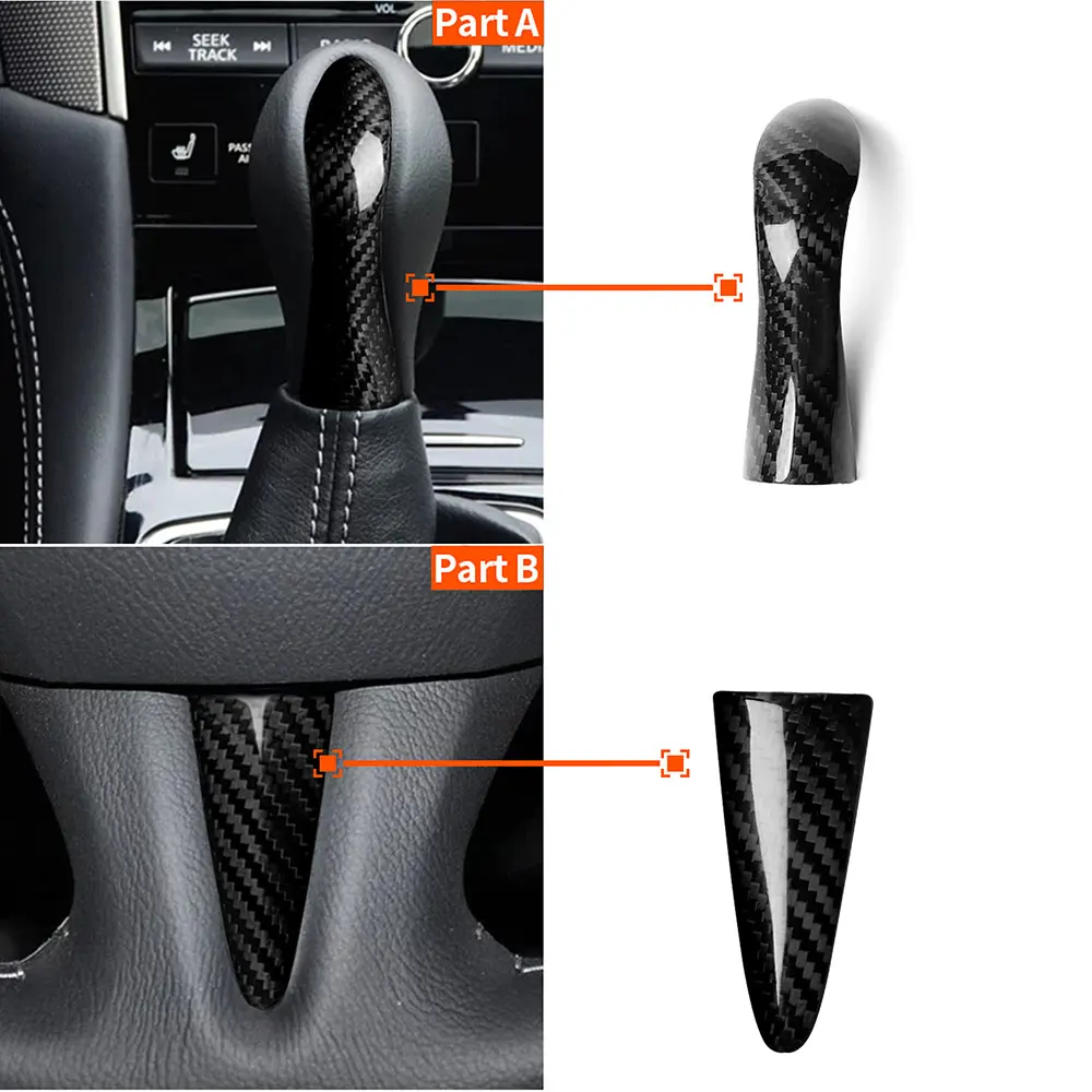 

2 Pieces Carbon Fiber Steering Wheel Cener Trim + Shift Knob Cover Gear Handle Stickers Replacement For Infiniti Q50 2014-2017