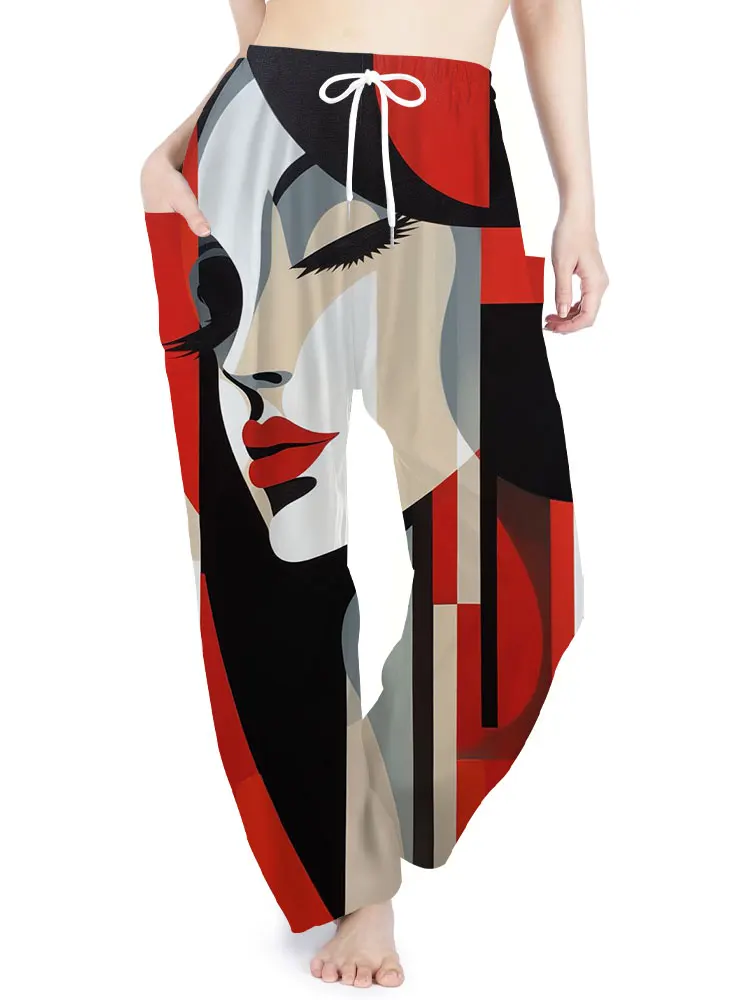 Abstract Face Ladies Harlem Pants Summer Fall Elegant Bohemian Festival pants Avant-garde Casual conical cuff pants Boho Pants