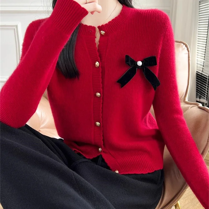 

Red ort Knitted Sweater Coat Women's Autumn Winter Inner Wear Base Layer 2025 Snake Year Top Chinese Zodiac Year Outerwear