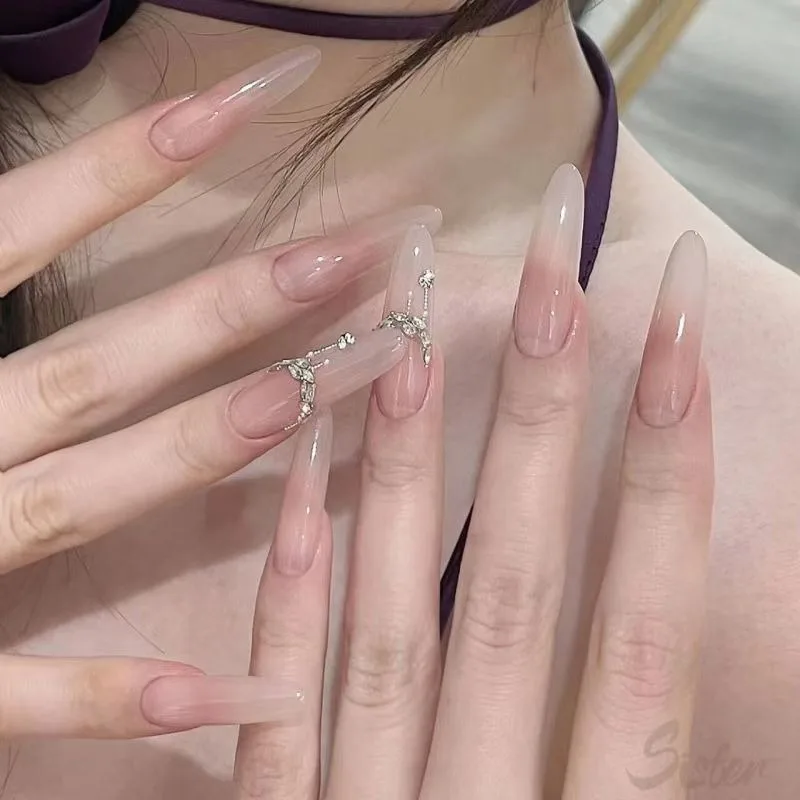 EOEKKY Handmade Nude Manicure Wear Nail Long Oval Almond Manicure Pure Ice Cold Patch Fake Nails