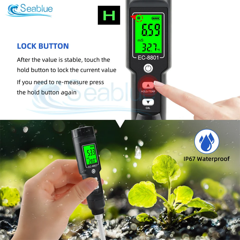 EC-8801 Digital Soil EC Meter Moisture Monitor Temperature Sunlight Probe Soil Detector for Gardening Plants Farming -30℃-80℃