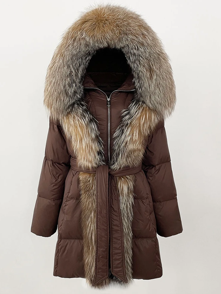 2025 inverno grosso quente streetwear casual outerwear jaqueta feminina natural real gola de pele de raposa com capuz pato branco para baixo casaco