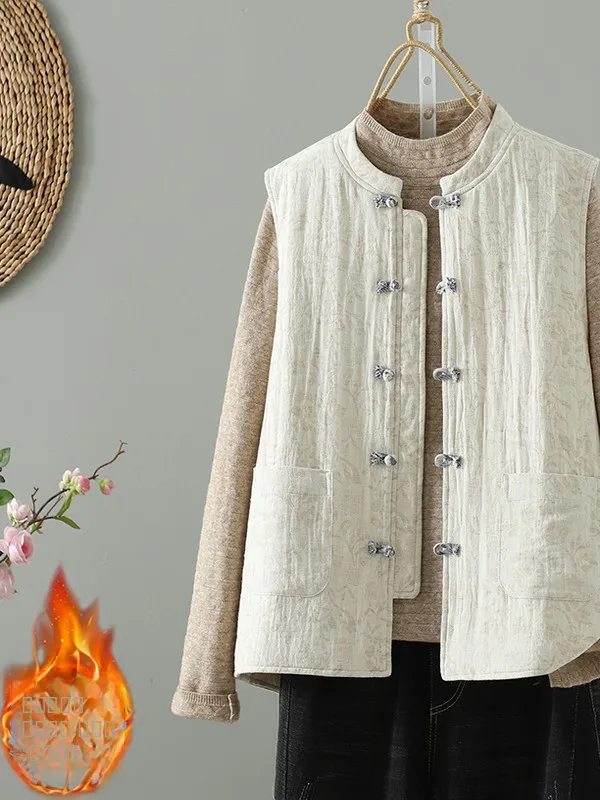 

Thiened Cotton Vest Coat New Chinese Sle Retro Button Women's Faion Winter New Arrival Commute round Ne Single Button