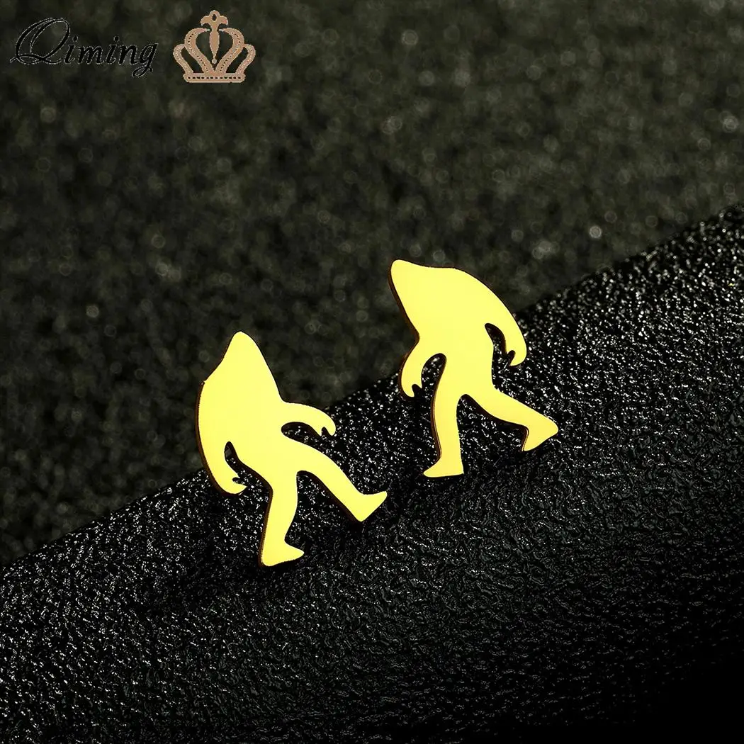 QIMING Gold Sasquatch Yeti Stud Earrings Women Men Stainless Steel Punk Jewelry Vintage Earrings Gift