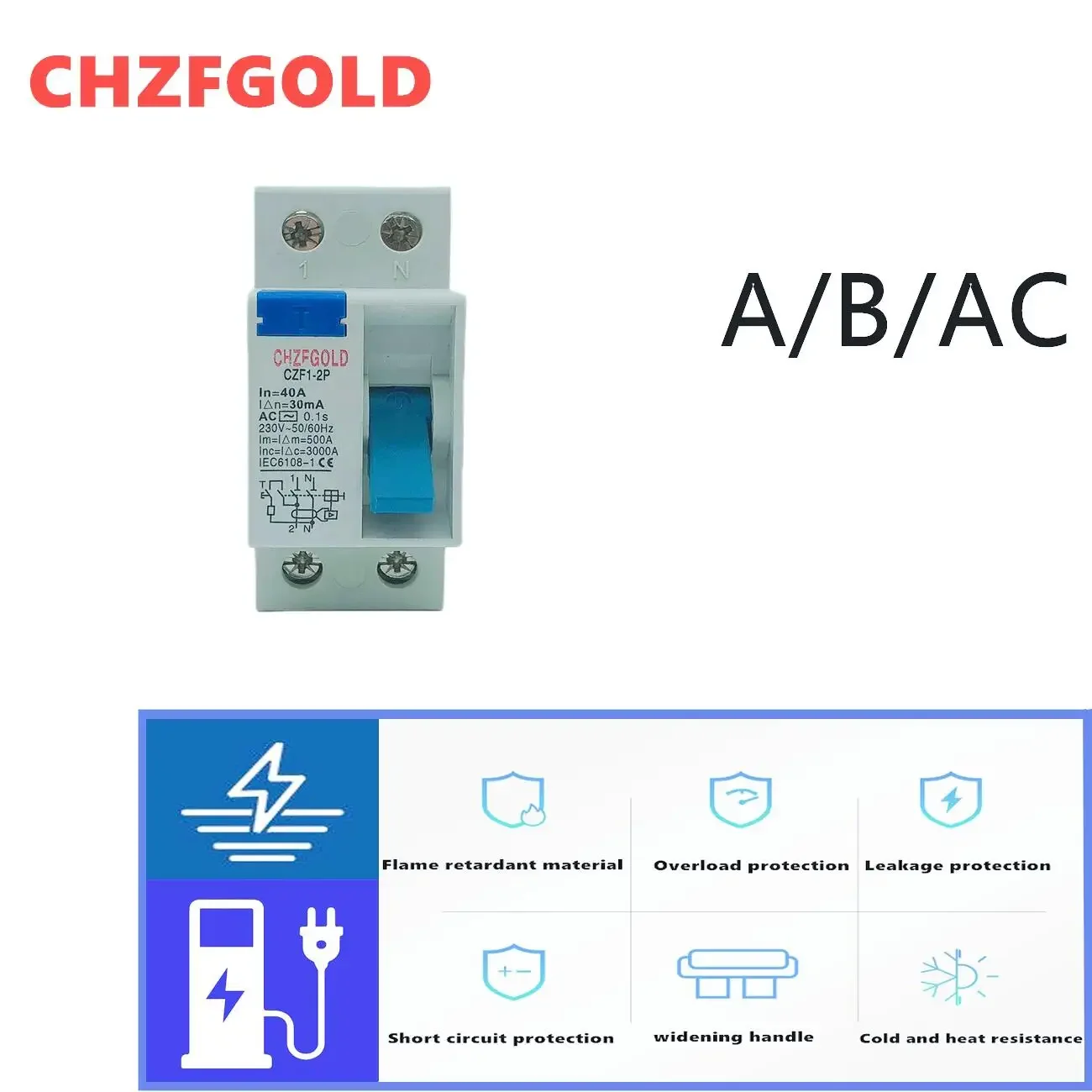 CHZFGOLD CZK6 RCCB4- 2P 16A 25A 32A 40A 63A 80A 100AResidua 30MA 100MA 300MA  TypeB TypeA  TYPEAC  12v circuit breaker