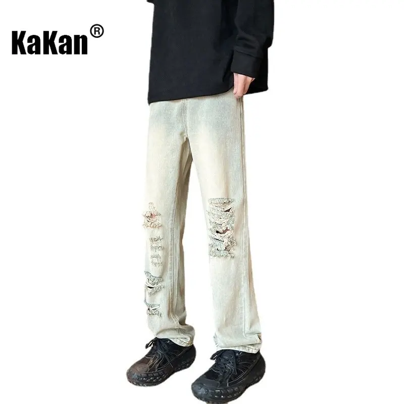 

Kakan - New High Street Distressed Jeans Men's Wear, Wash Vintage Loose Slim Fit Straight Leg Jeans K24-KJ2229