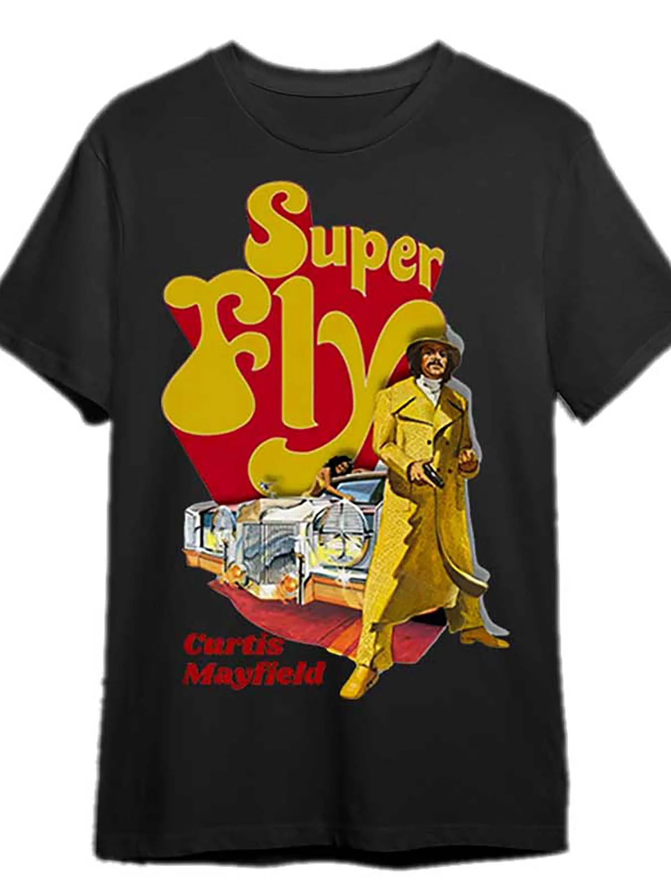 تي شيرت برسومات Curtis Mayfield Super Fly - 100% قطن برقبة دائرية كاجوال قماش محبوك قابل للتمدد أسود مع أصفر نابض بالحياة