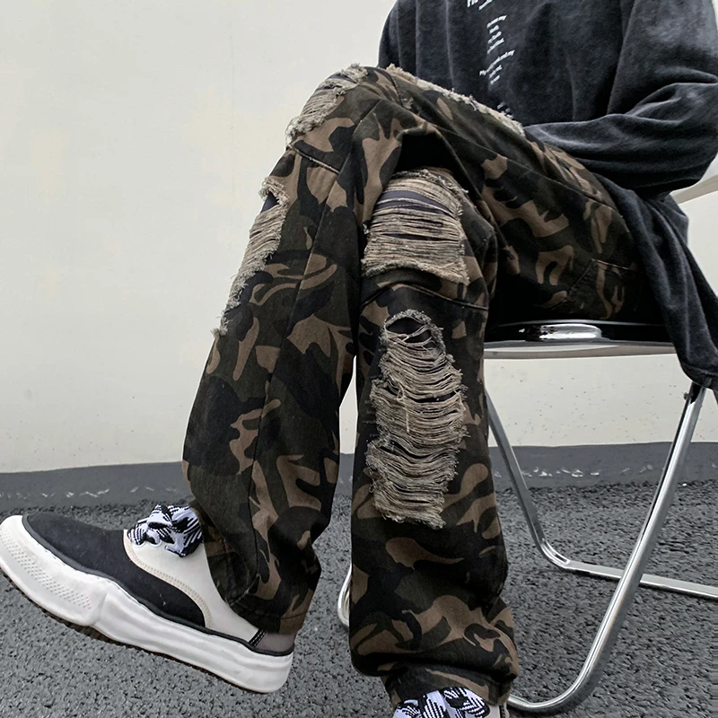 Mens Jeans Casual Straight Streetwear Summer Hole Camouflage Breathable Fashion American Style Male Trousers All-match Popular