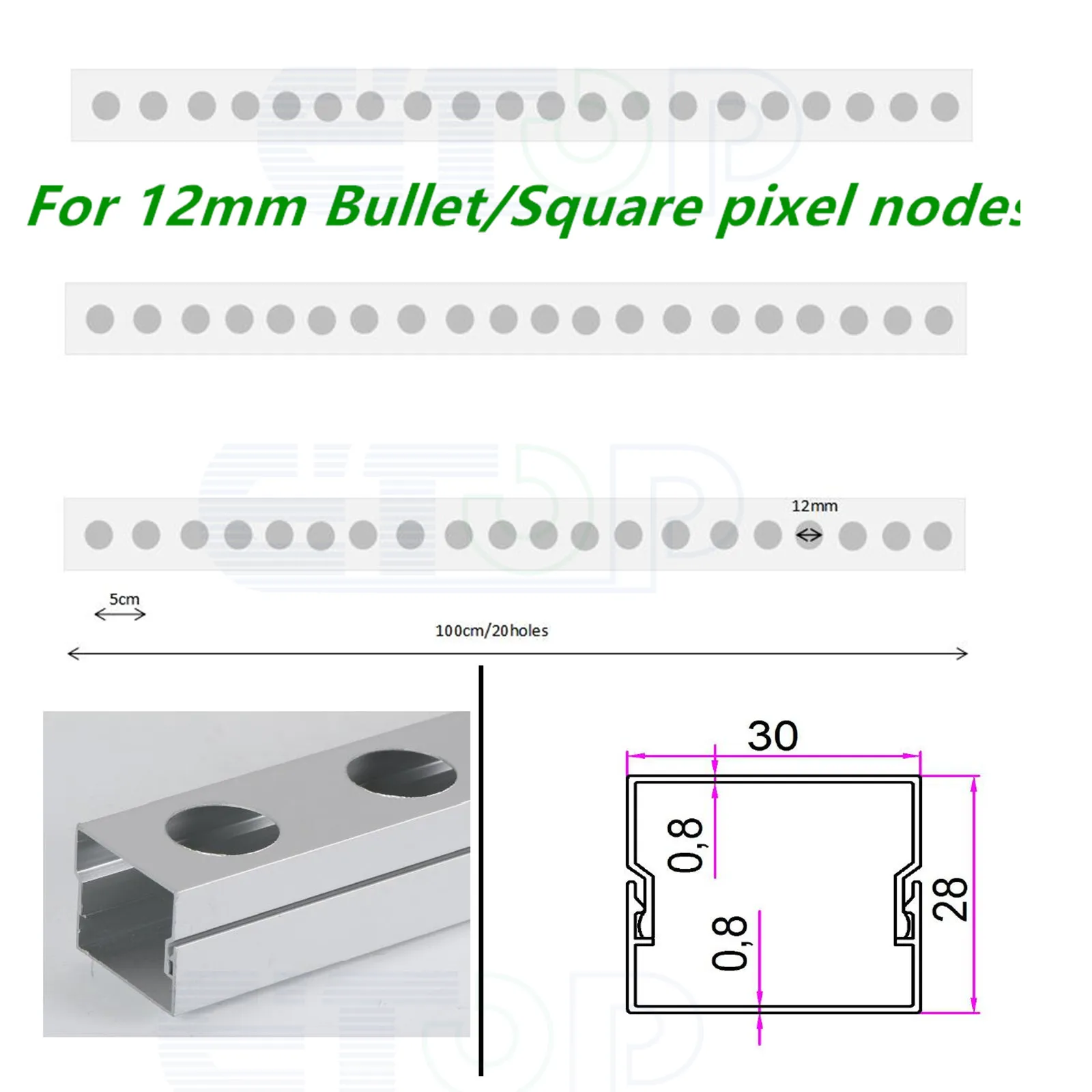 12mm Permanent Track Aluminum Profile For 12mm Diamter Bullet or Square shape pixel nodes