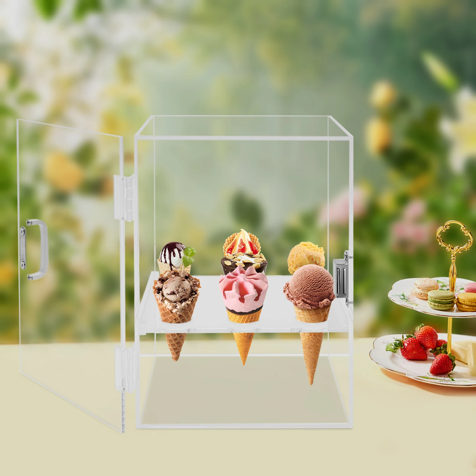 9 Holes Acrylic Transparent Ice Cream Cone Egg Roll Display Cabinet Sugar Waffle Cone Storage Stand Holder Box with Handle