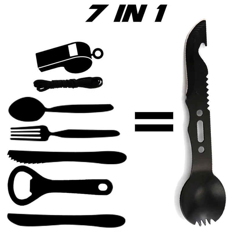 Camping Tableware Outdoor Stainless Steel Knife Fork Spoon Portable Multi-Function Picnic Cutlery Portable Sheath Peel Knife