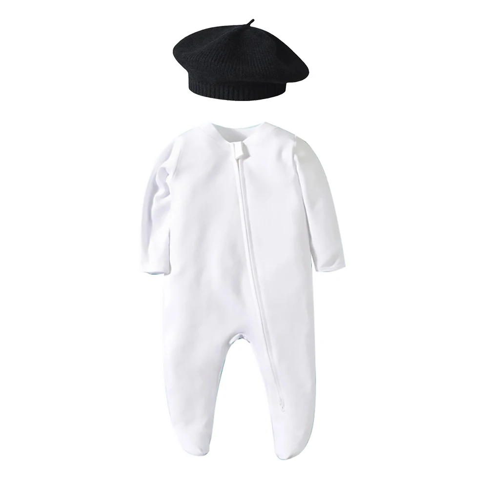 Unisex Newborn Baby Footed Pajamas Long Sleeve Zipper Romper Cotton Jumpsuit Solid White 0-12 Months Fashion Baby Clothes