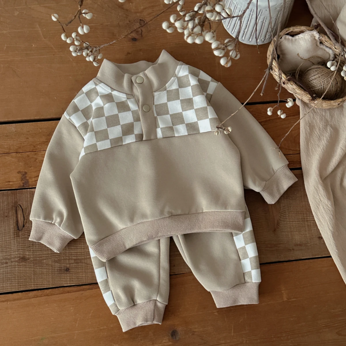 Korean Simple Toddler Checkerboard Side‑Striped Tracksuit, Unisex Baby Stand‑Collar Top Jogger Pants 2‑Pcs Suit