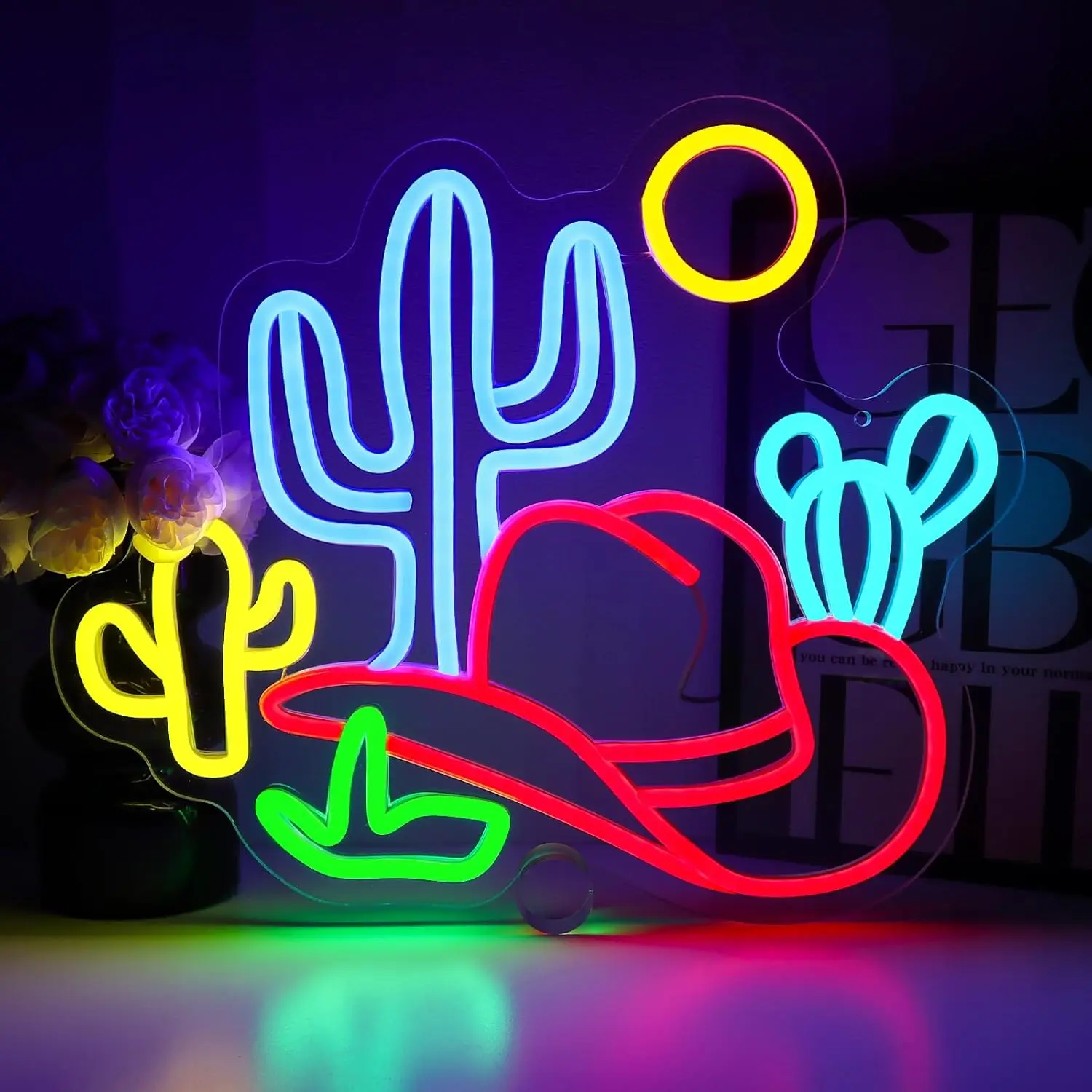 Cowboy Hat Cactus Neon Light Dimmable Western Wall Art Night Light for Bedroom Desert Party Boho Room Bar Cafe LED Decor Sign